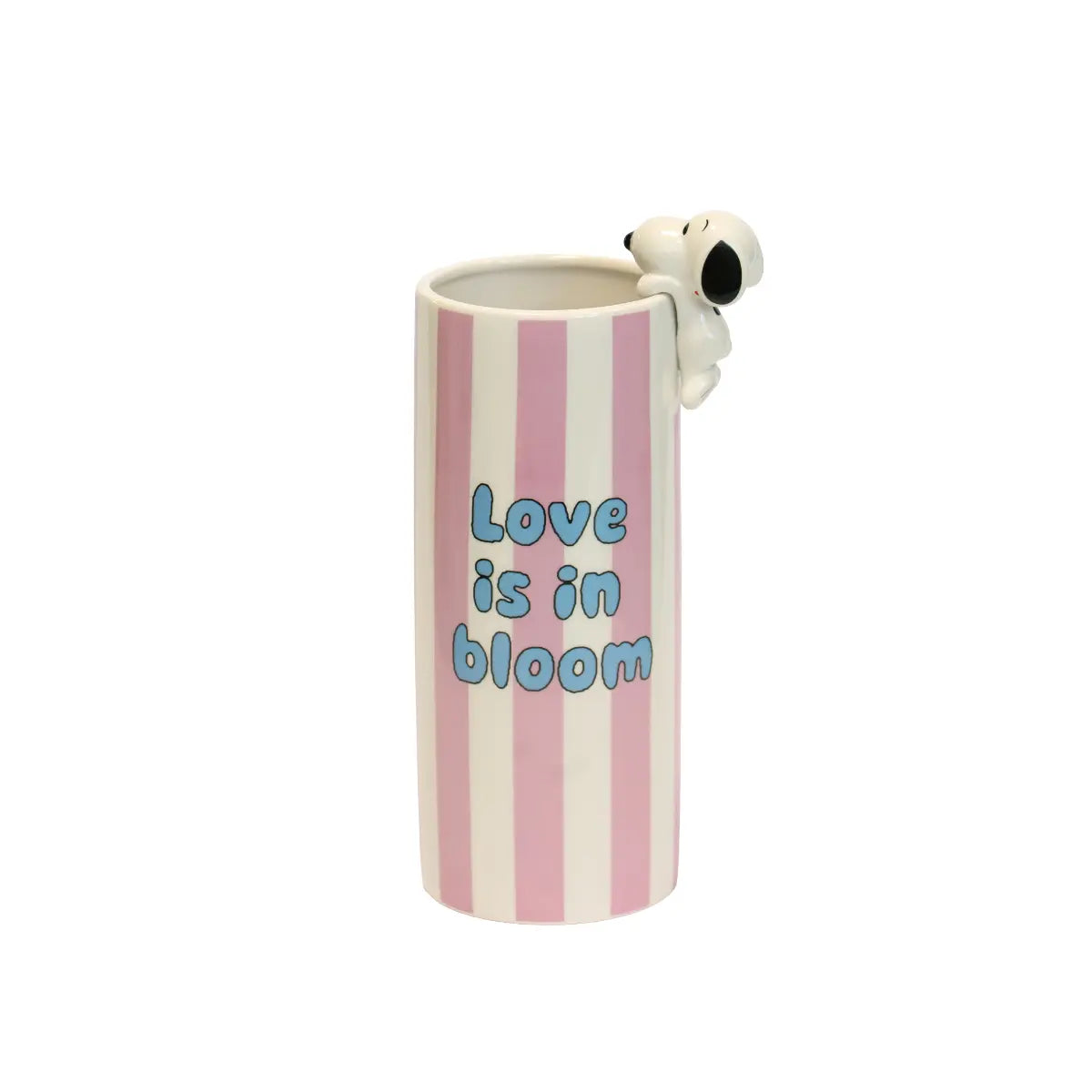 Vaso con Snoppy per fiori a righe bianche e rosa con scritta blu love is in bloom