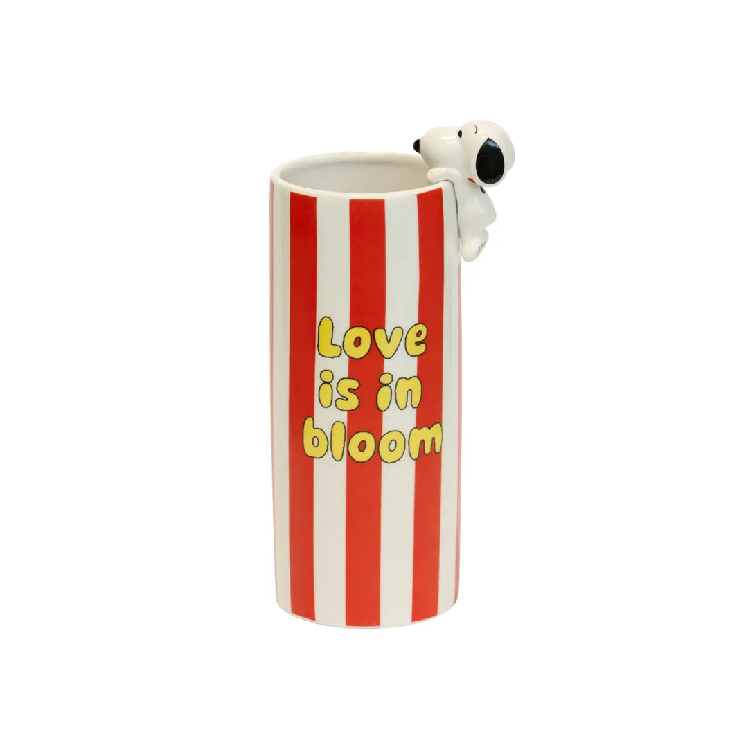 Vaso con Snoppy per fiori a righe bianche e rosse con scritta gialla love is in bloom