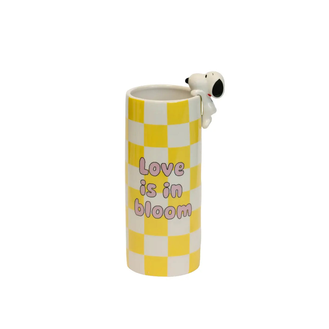 Vaso con Snoopy per fiori a quadretti bianchi e gialli con scritta rosa love is in bloom