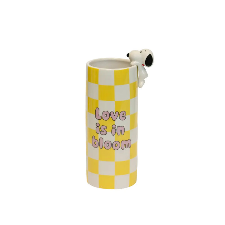 Vaso con Snoopy per fiori a quadretti bianchi e gialli con scritta rosa love is in bloom