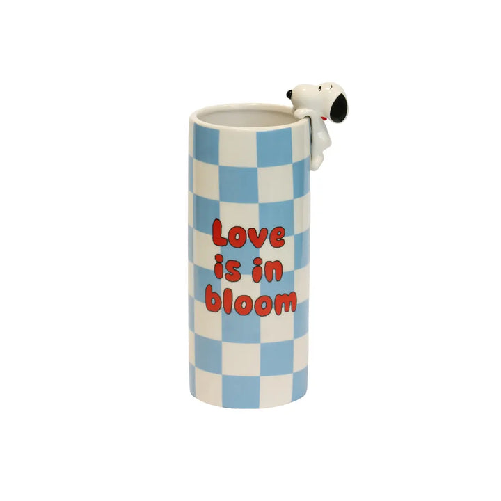 Vaso con Snoppy per fiori a quadretti bianchi e azzurri con scritta rossa love is in bloom