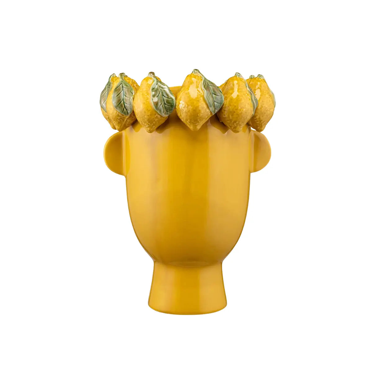 Retro del vaso Arciboldo rappresentante un viso maschile con una corona di limoni. Il vaso è in porcellana gialla con dettagli verdi e rossi. Sfondo bianco 