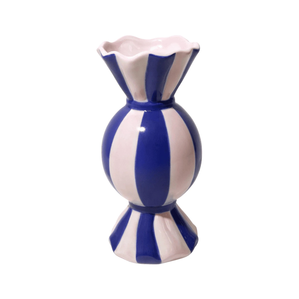 Vaso funfair a forma di caramella blu con foro centrale per i fiori su sfondo bianco.