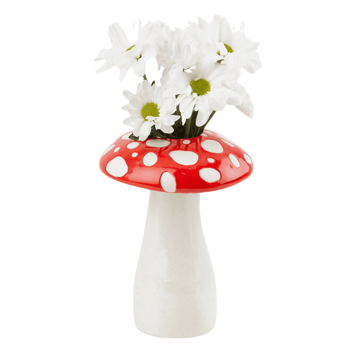 Vaso a forma di fungo amanita rosso con fiori bianchi su sfondo bianco.