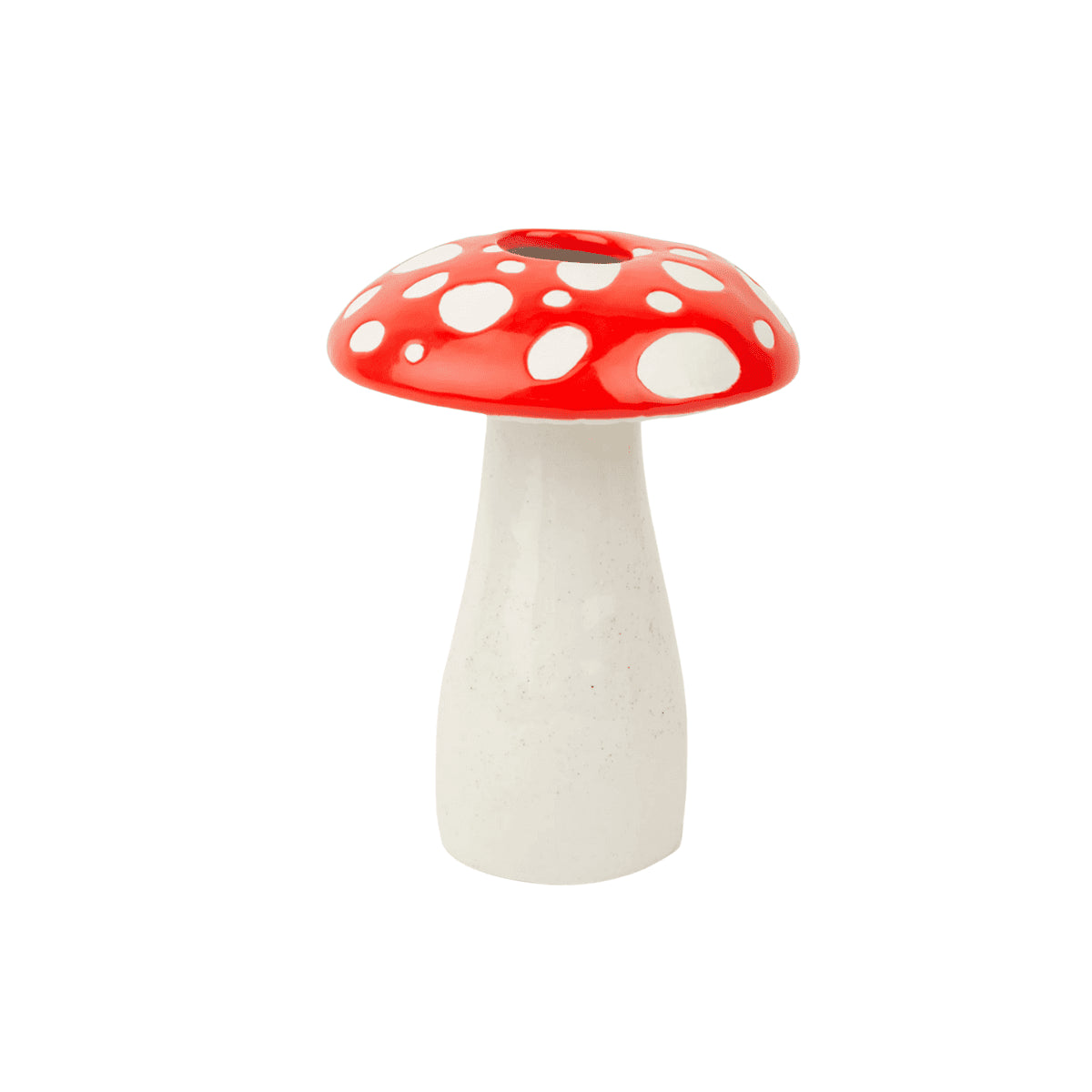 Vaso a forma di fungo amanita rosso con foro centrale per i fiori su sfondo bianco.