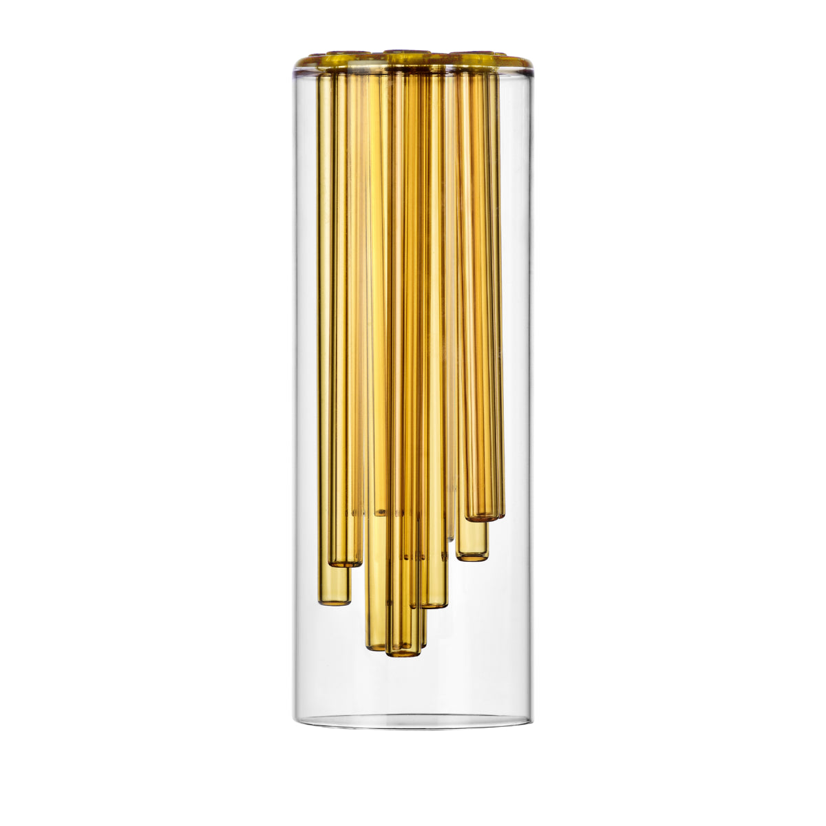 Vaso in vetro trasparente con inserti cilindrici in vetro giallo per fiori a stelo lungo.