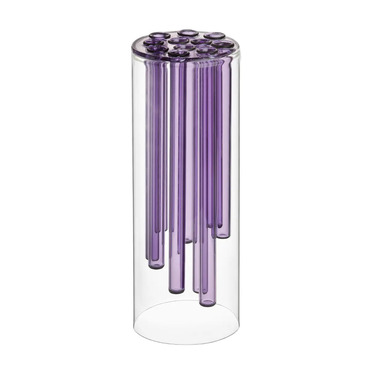 Vaso in vetro trasparente con inserti cilindrici in vetro lilla per fiori a stelo lungo.