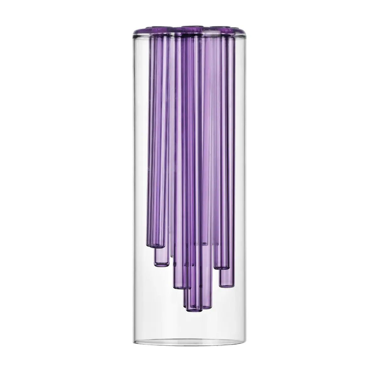 Vaso in vetro trasparente con inserti cilindrici in vetro lilla per fiori a stelo lungo.