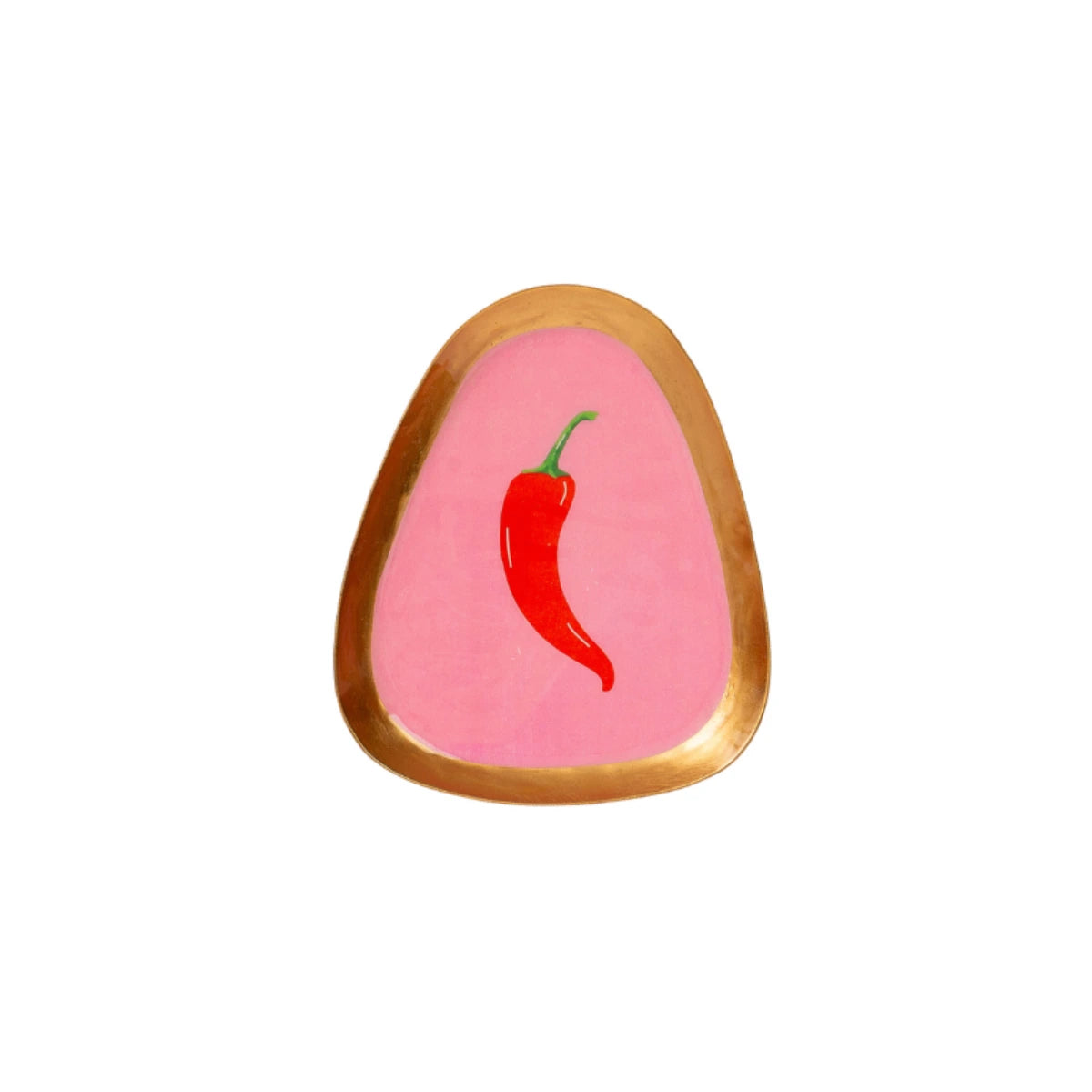 Vassoio Svuotatasche con forma irregolare e bordo dorato con peperoncino rappresentato al centro con sfondo fucsia.