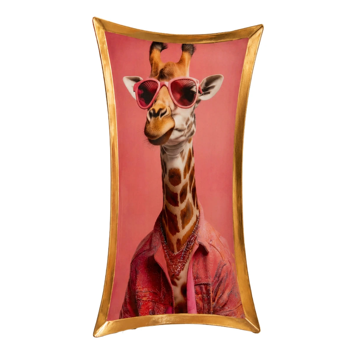 Vassoio con bordo dorato con una giraffa vestita rappresentata su sfondo rosa