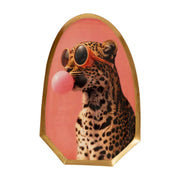 Vassoio con bordo dorato con leopardo rappresentato su sfondo rosa