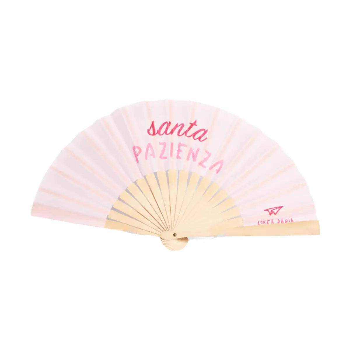 Ventaglio rosa con scritta "santa pazienza" in rosa e fucsia. Sfondo bianco 