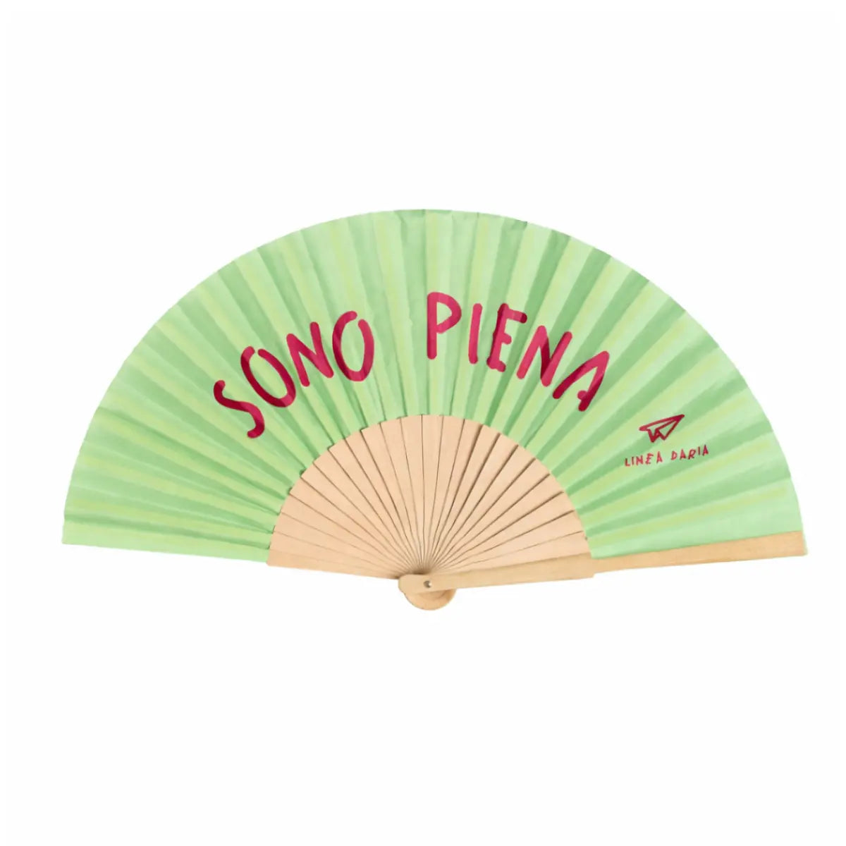 Ventaglio verde con scritta fucsia "Sono piena". Sfondo bianco 