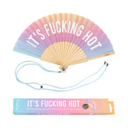 Ventaglio con colori pastello gradiente con scritta che si illumina al buio "It's fucking hot". Incluso confezione e laccio
