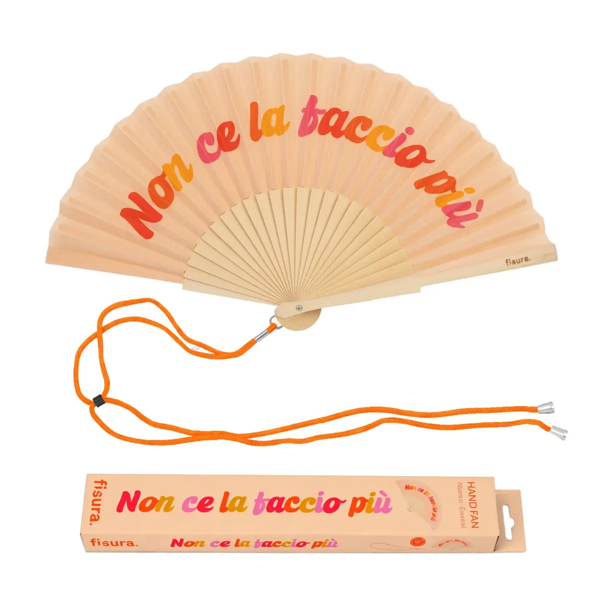 Ventaglio con scritta "Non ce la faccio/taccio più". Incluso confezione e laccio per appendere il ventaglio