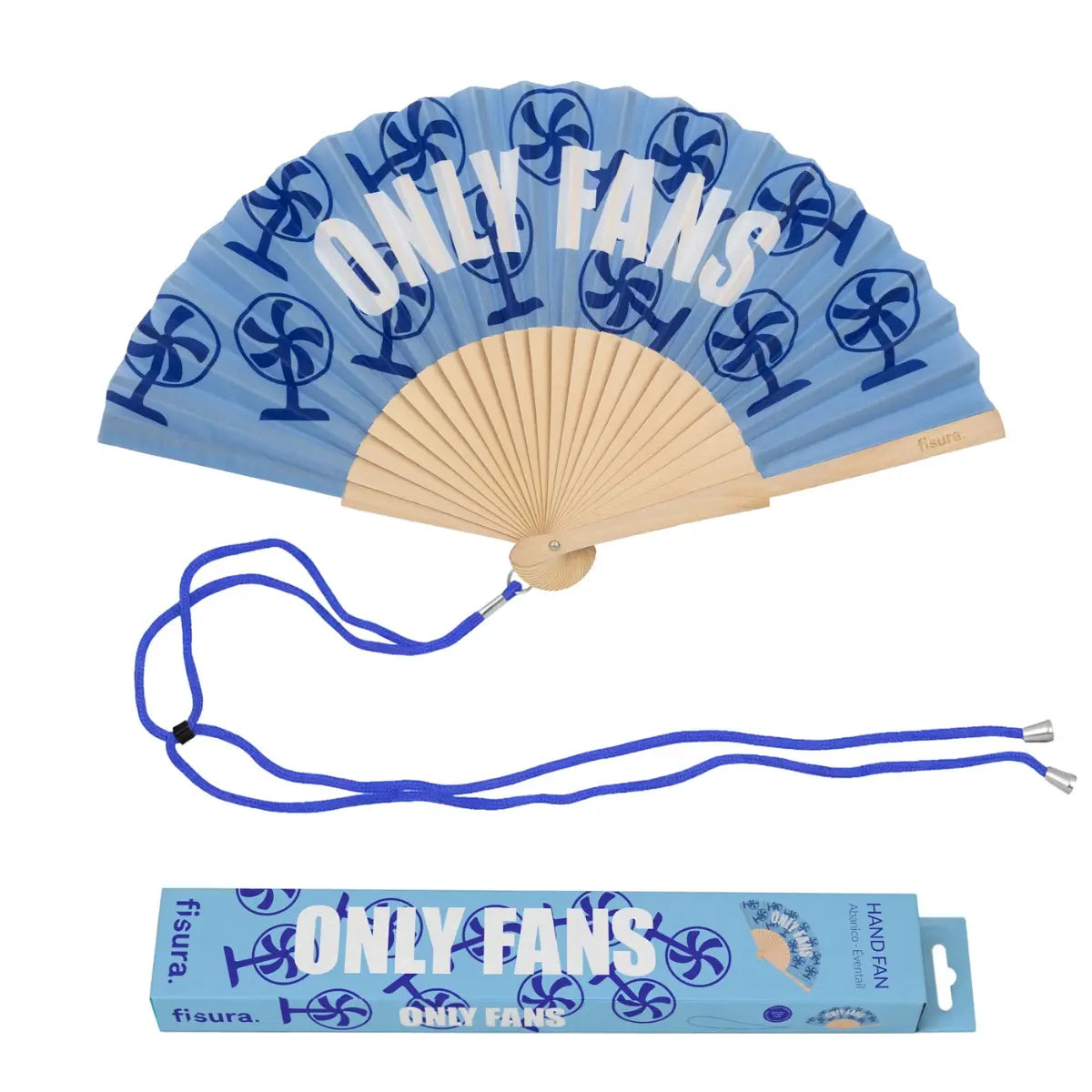 Ventaglio azzurro con disegno di ventilatori blu e scritta bianca "Only fans". Incluso confezione e laccetto per appendere il ventaglio