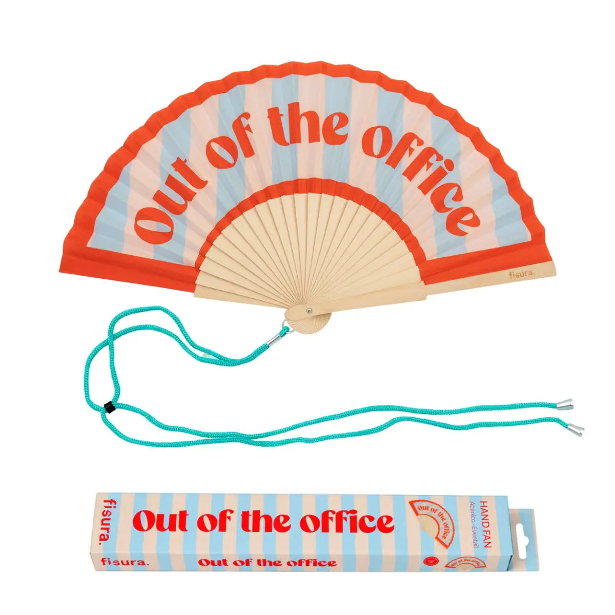 Ventaglio con sfondo a righe con scritta rossa "Out of the office". Inclusi nella foto il packaging del ventaglio e il gancio che si può allacciare. sfondo bianco 