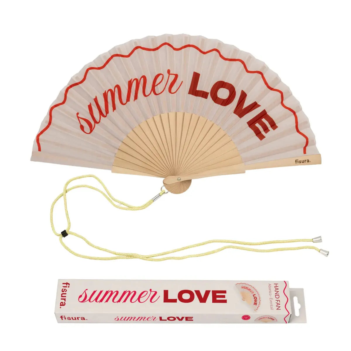 Ventaglio rosa con dettagli e scritta rossa "Summer love". Incluso il packaging e un laccetto per tenere il ventaglio al collo. Sfondo bianco