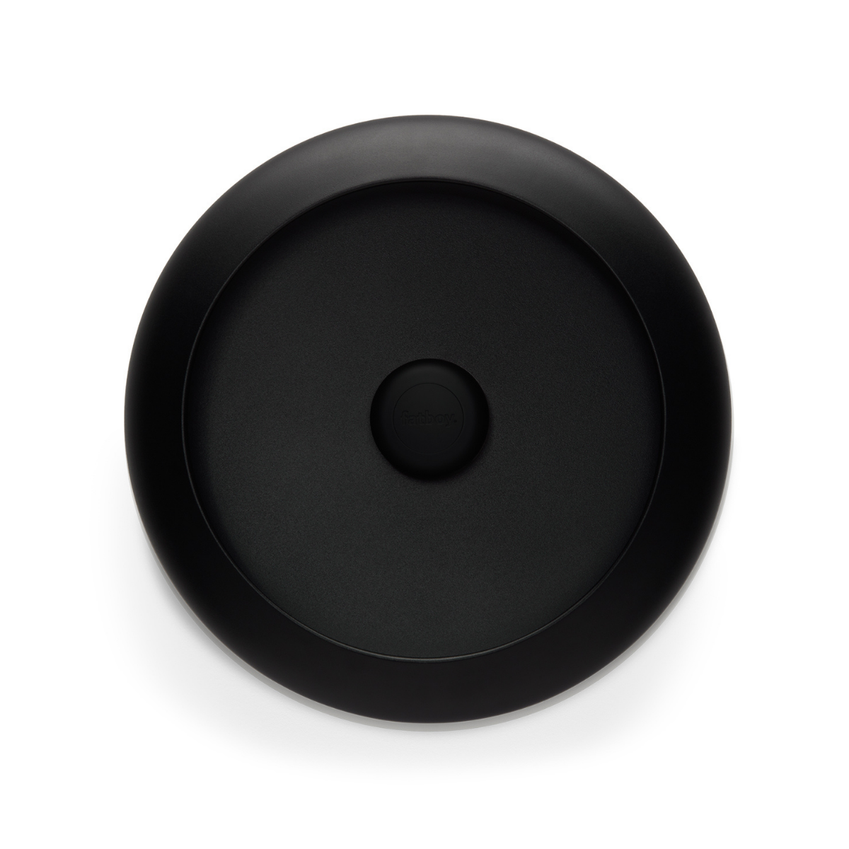 Vista dall'alto svuotatasche rotondo nero con lampada centrale. Immagine su sfondo bianco.