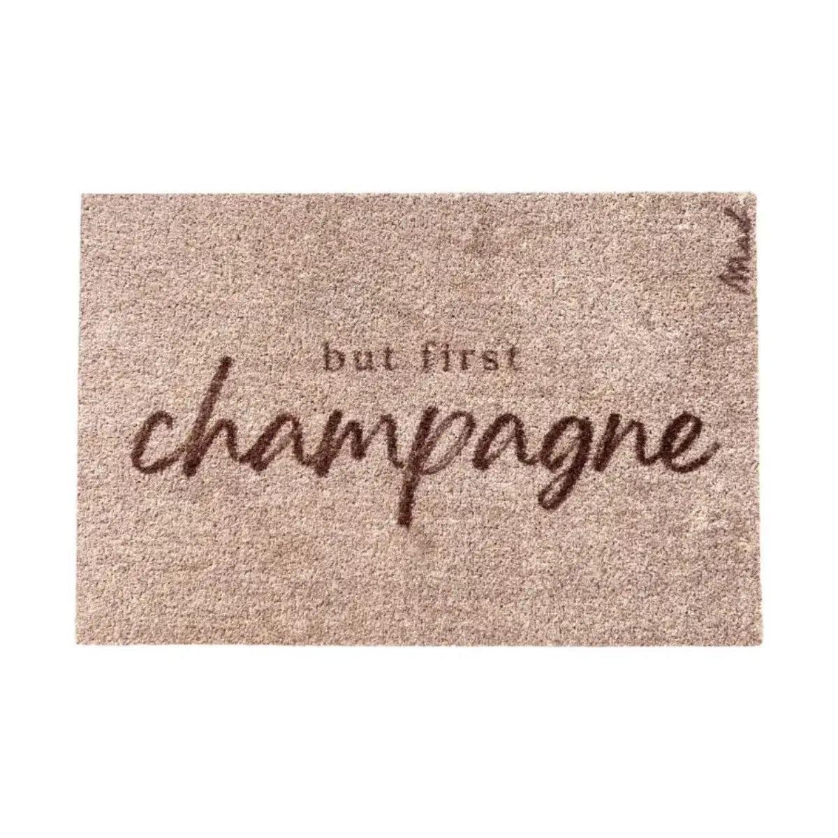 Zerbino beige rettangolare con scritta marrone out first champagne