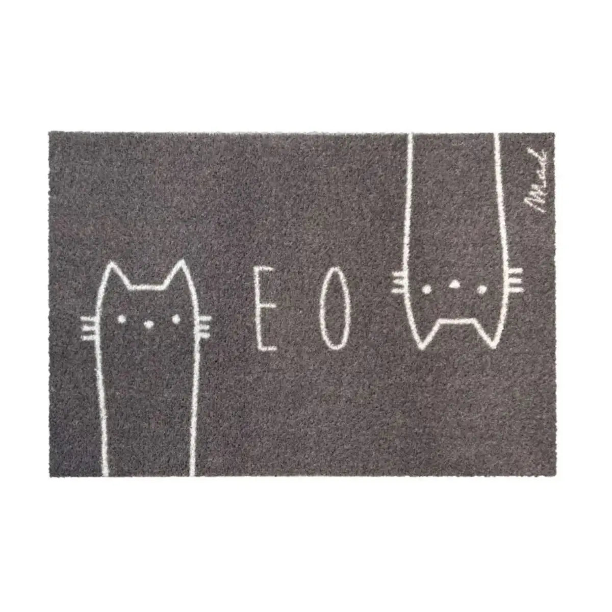 Zerbino grigio con due gatti stilizzati e la scritta Meow in bianco 
