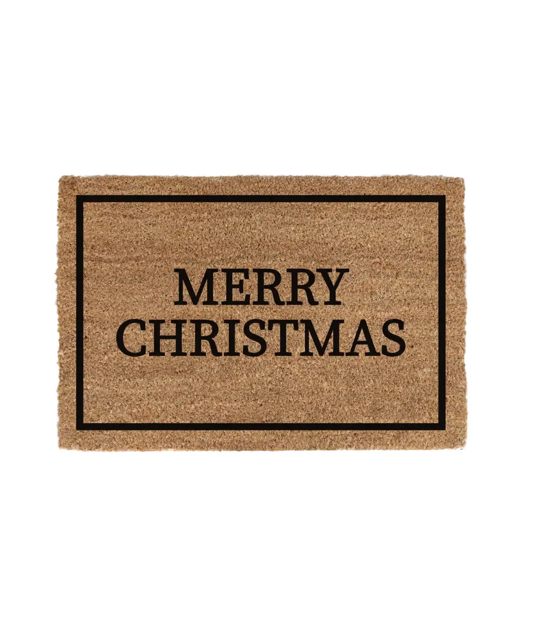 Zerbino in cocco, con scritta Merry Christmas centrale e cornice nera. Sfondo bianco.