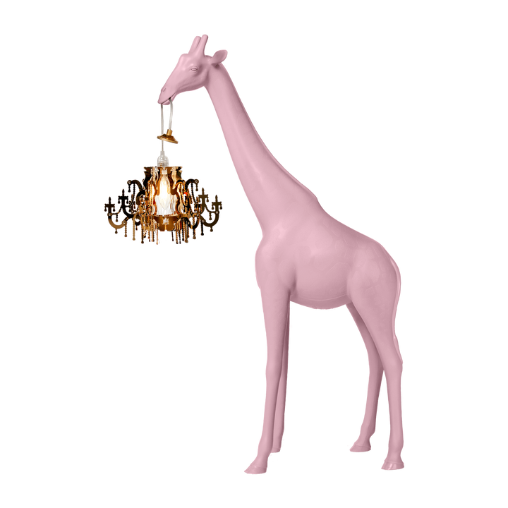 lampada rosa vista di profilo che sorregge lampadario