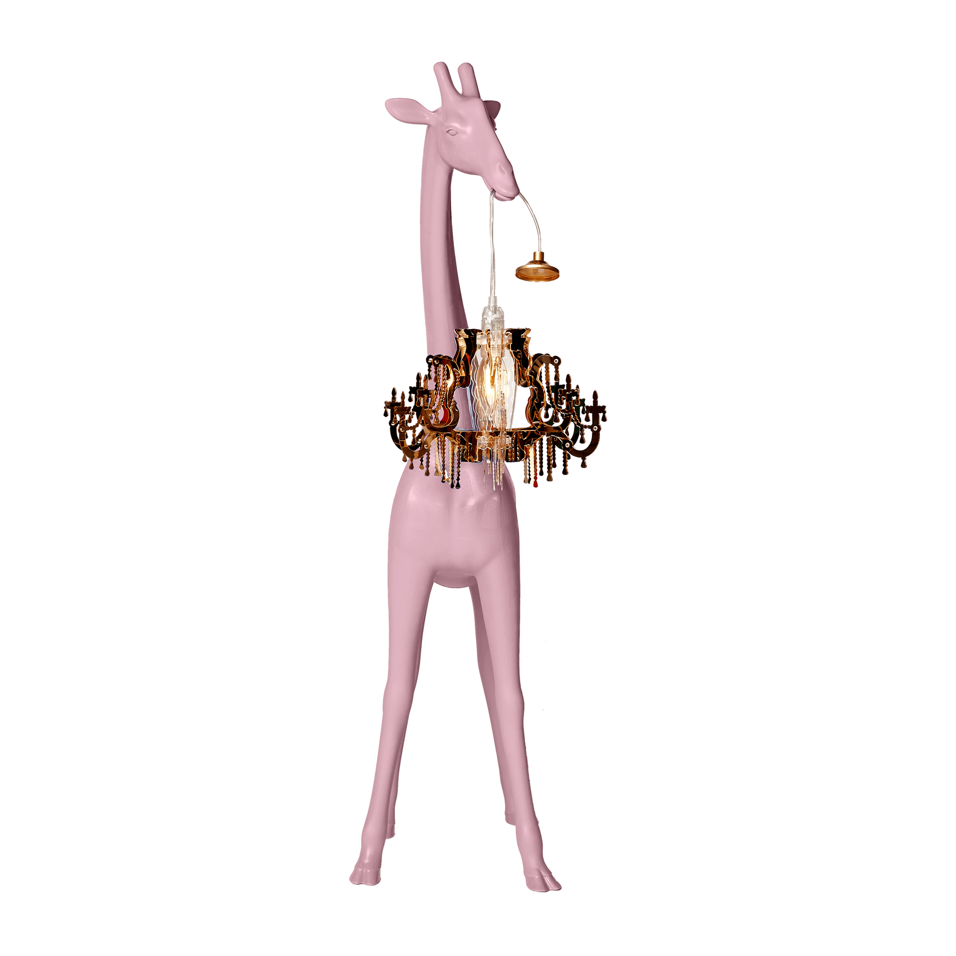 lampada rosa giraffa che sorregge lampadario, vista frontale.