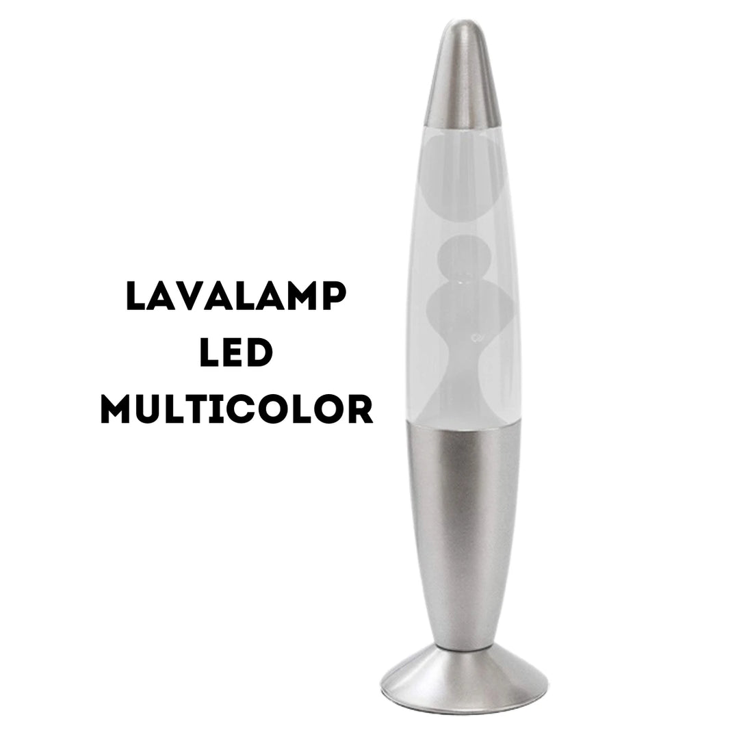 Lavalamp con base e tappo grigio, liquido trasparente e led che cambia colore.
Sfondo bianco