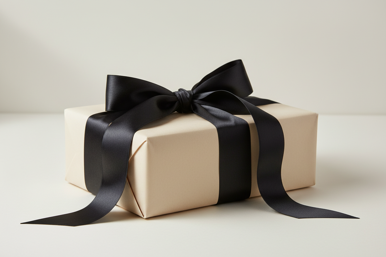 pacchetto regalo beige con fiocco nero in seta 