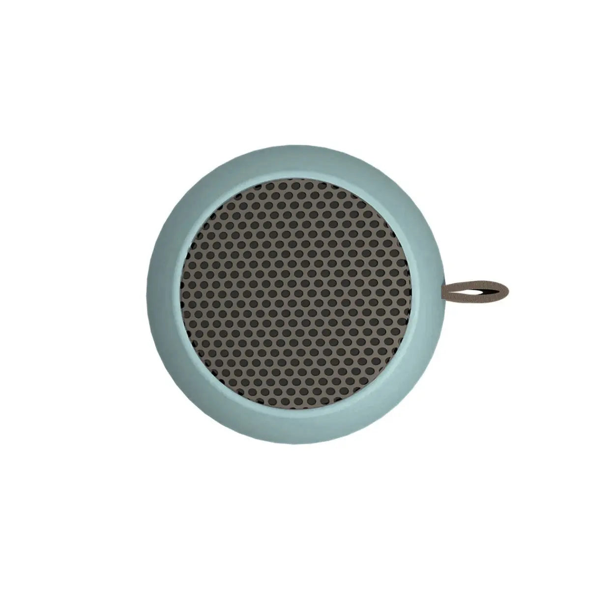 mini cassa audio portatile azzurra, su sfondo bianco. 