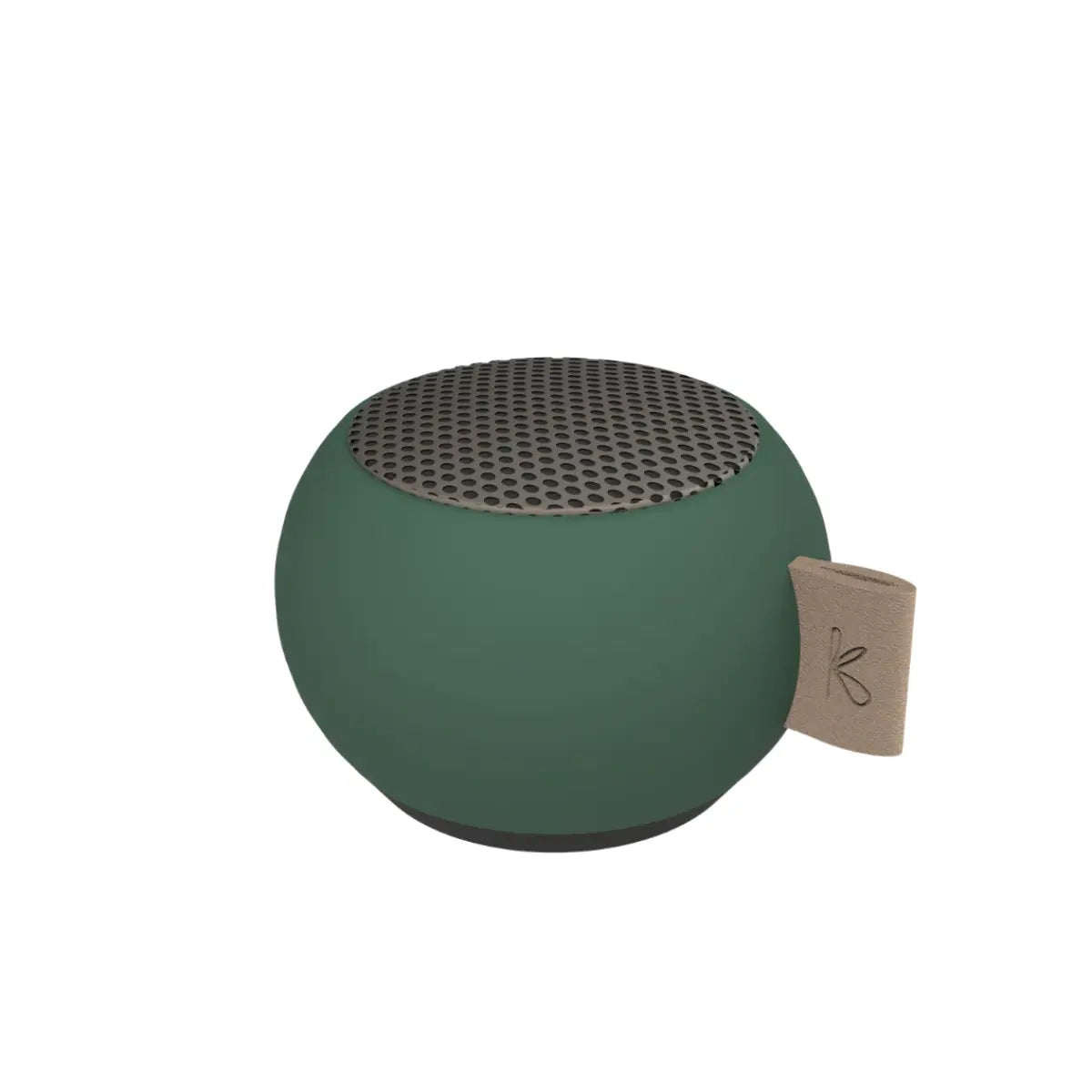 mini cassa audio portatile verde scuro, su sfondo bianco. 