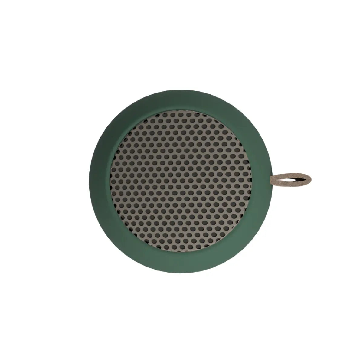 mini cassa audio portatile verde scuro, vista dall'alto su sfondo bianco. 