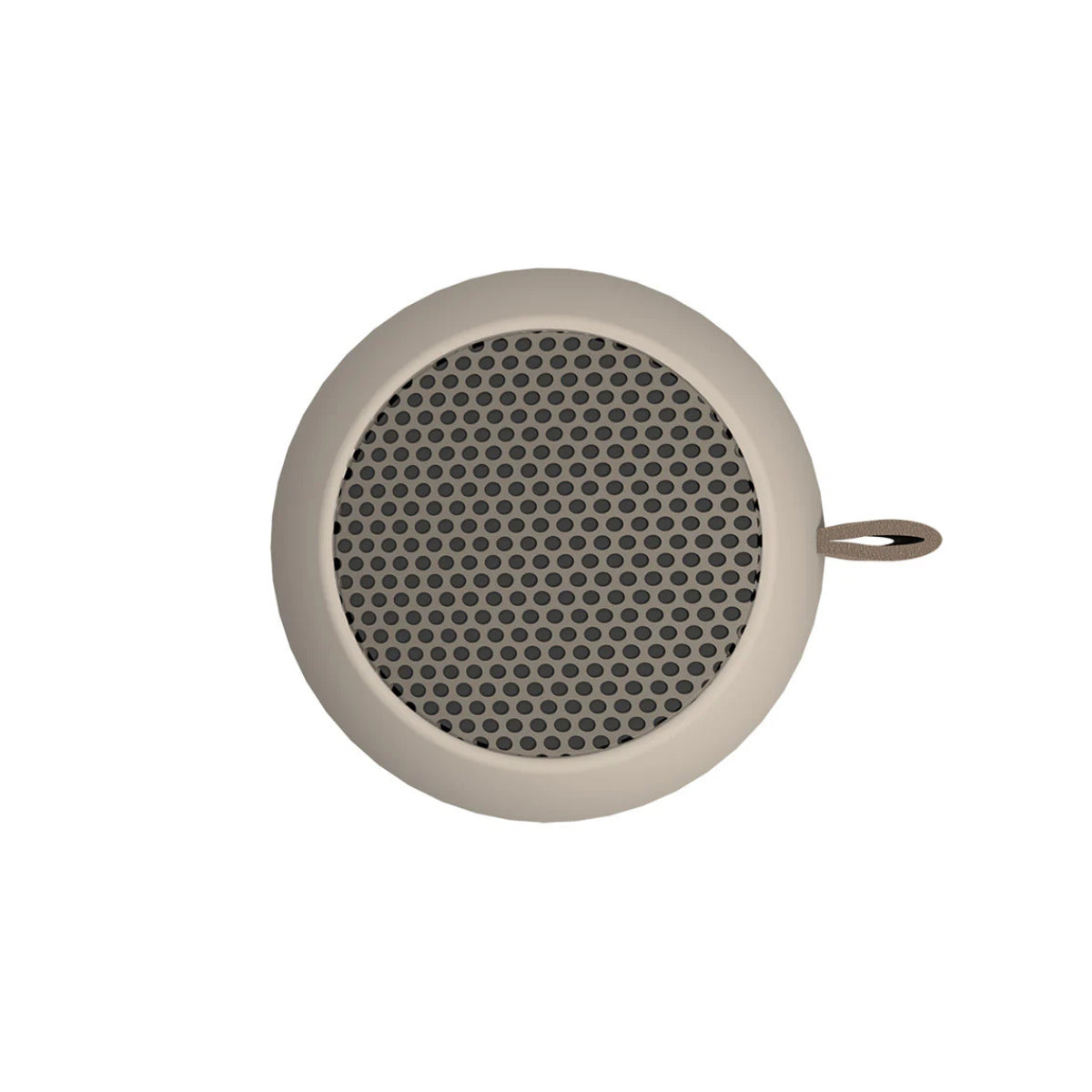 mini cassa audio portatile tortora, vista dall'alto su sfondo bianco.