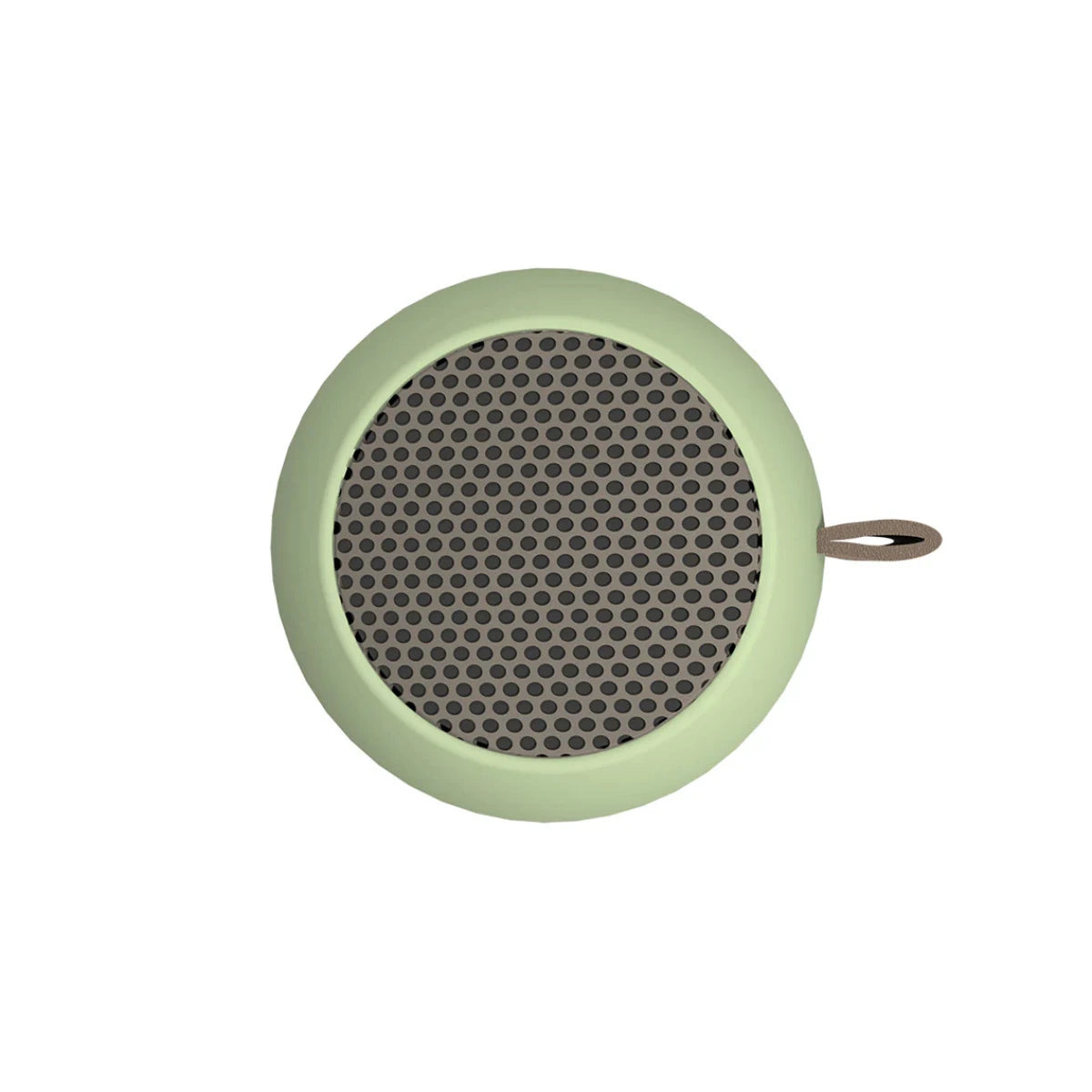 mini cassa audio verde portatile, vista dall'alto su sfondo bianco