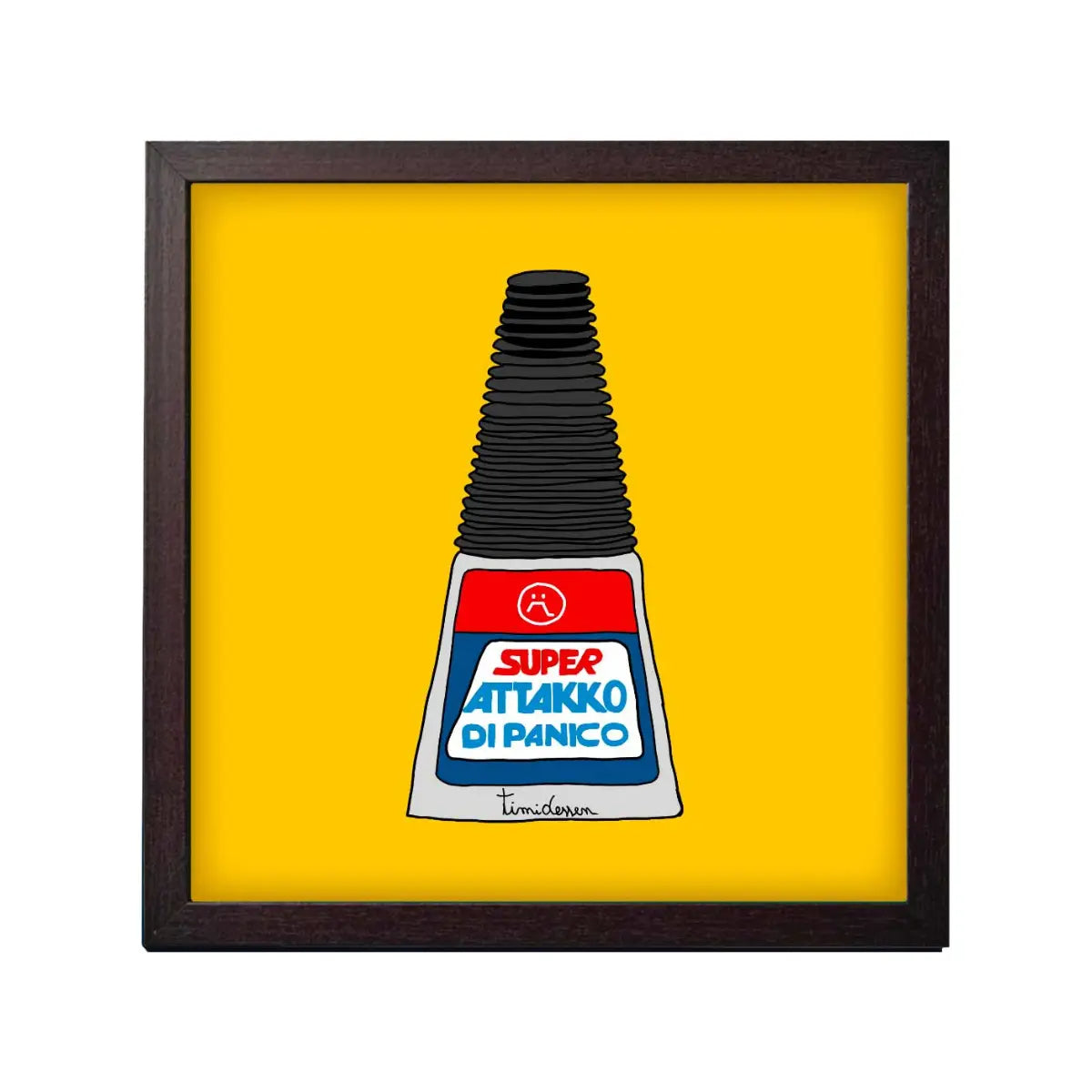 Stampa su sfondo giallo con Attak e la scritta ironica Super Attakko Di Panico con cornice nera